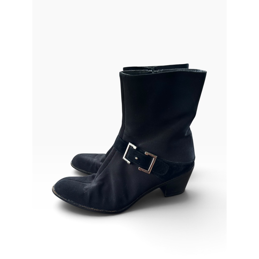 Stuart Weitzman Black Suede Gore-Tex Buckle Ankle Boots Size 9 Weatherproof Heel